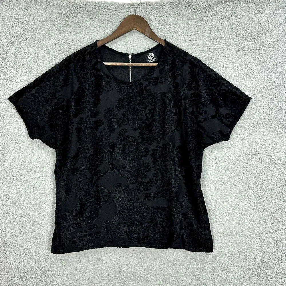 Bobeau black velvet burnout top womens XL geometric exposed zipper witchy grunge